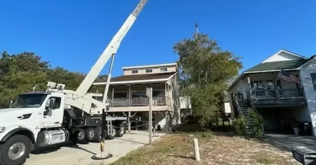 Residential boom truck lifting HVAC equipment at a home in Dare County, NC