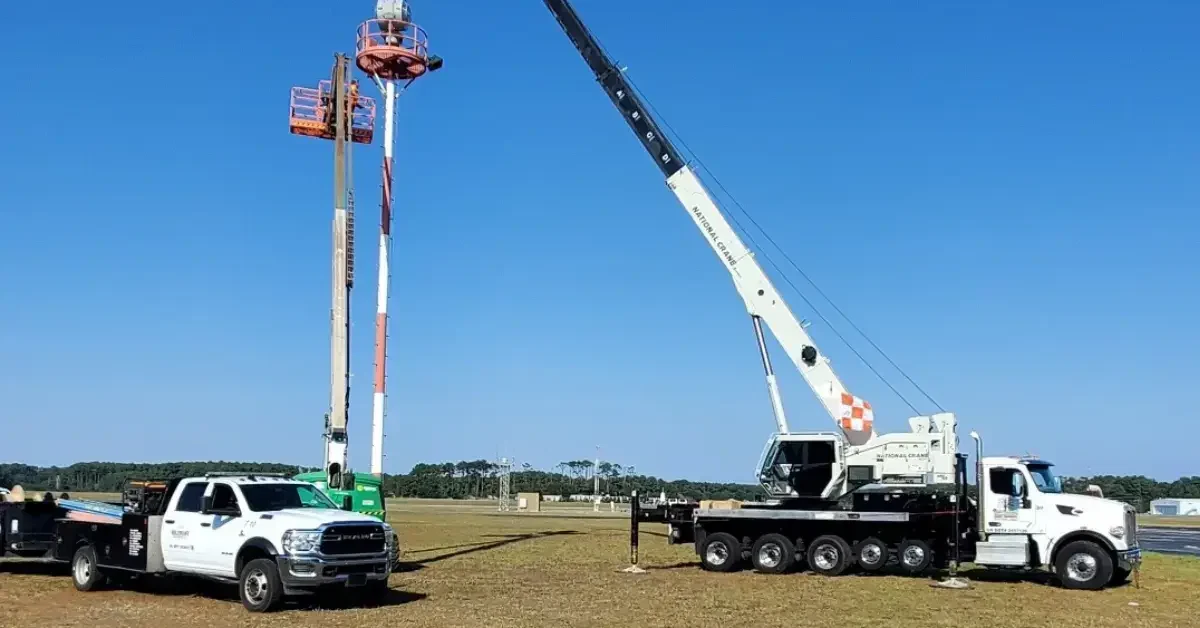 Crane lifting building materials on an Outer Banks construction site, illustrating crane rental vs. crane service options