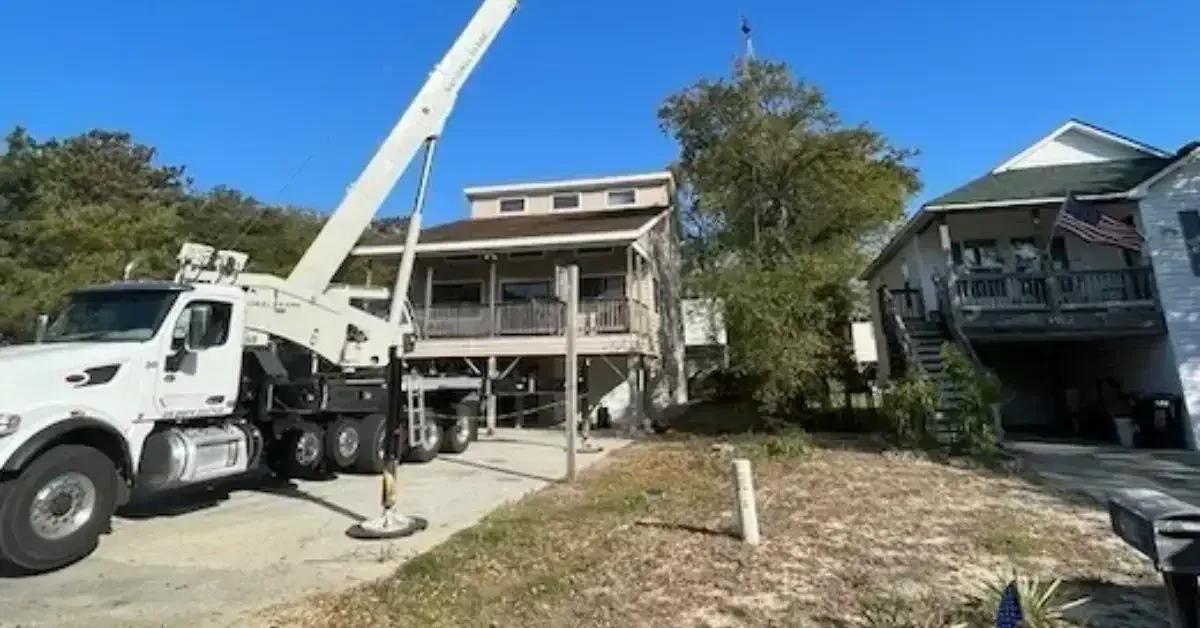 Professional crane lifting tree sections during a removal project in Corolla, NC residential property