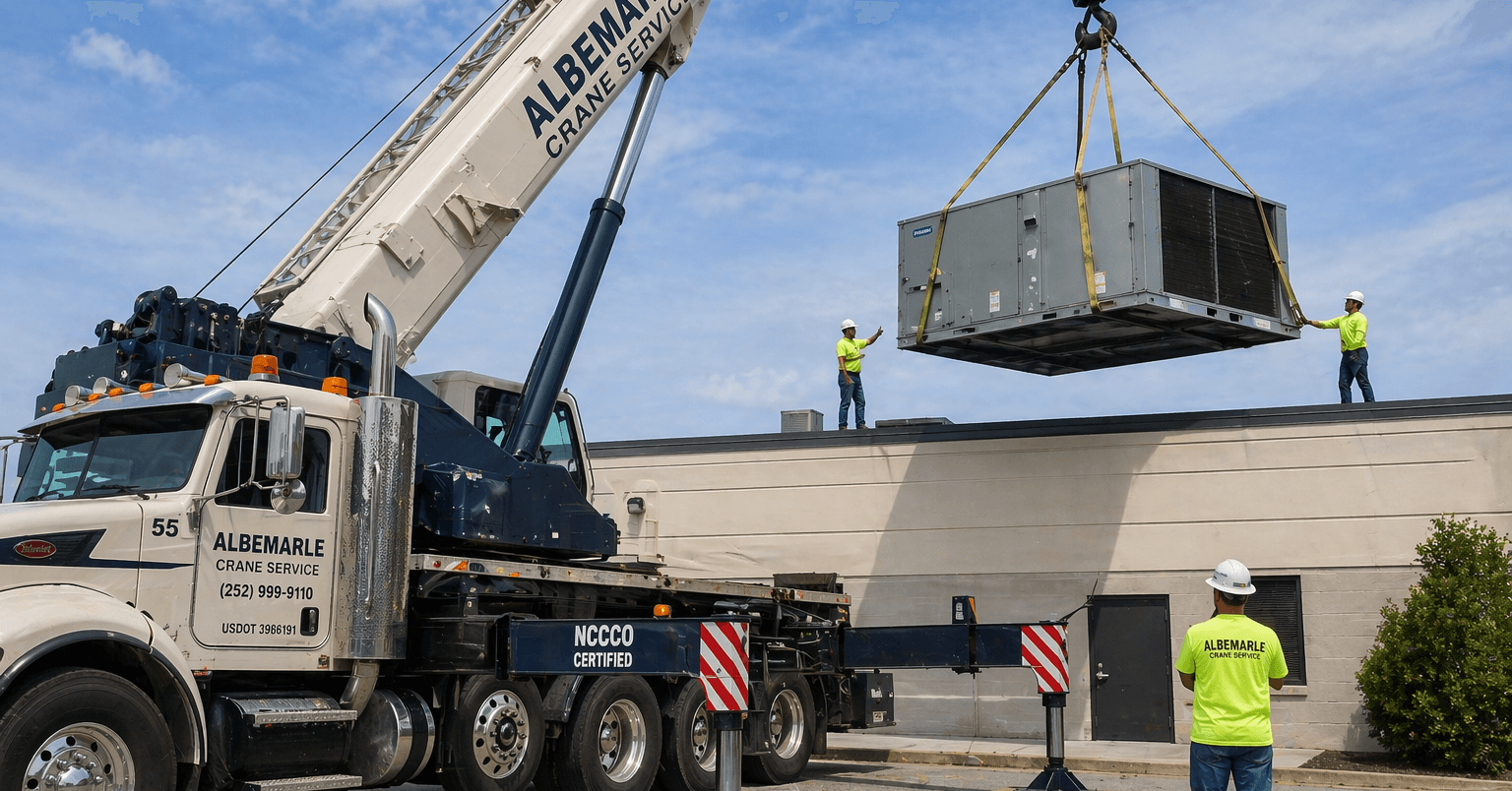 A heavy Albemarle Crane Service mobile crane lifts a commercial HVAC unit onto a flat roof.