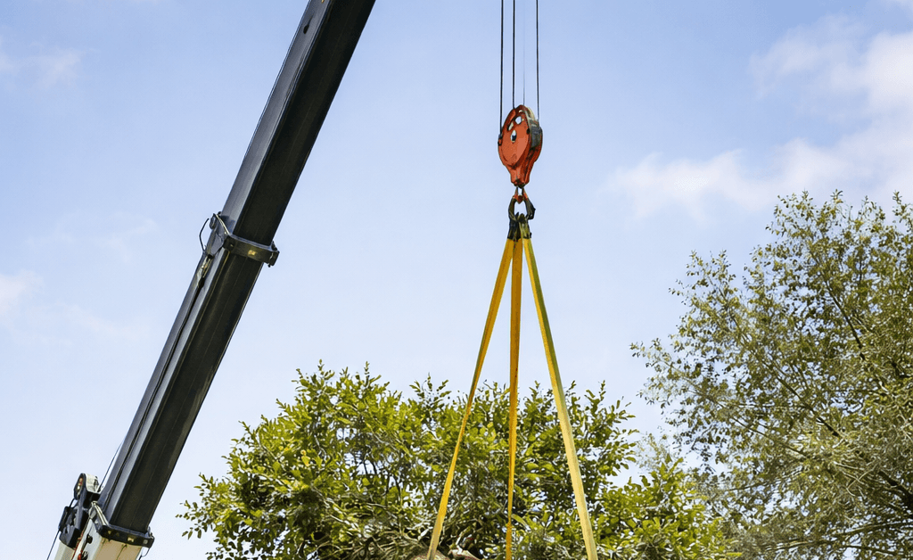 Crane-assisted tree removal lifting a large tree section over a residential home