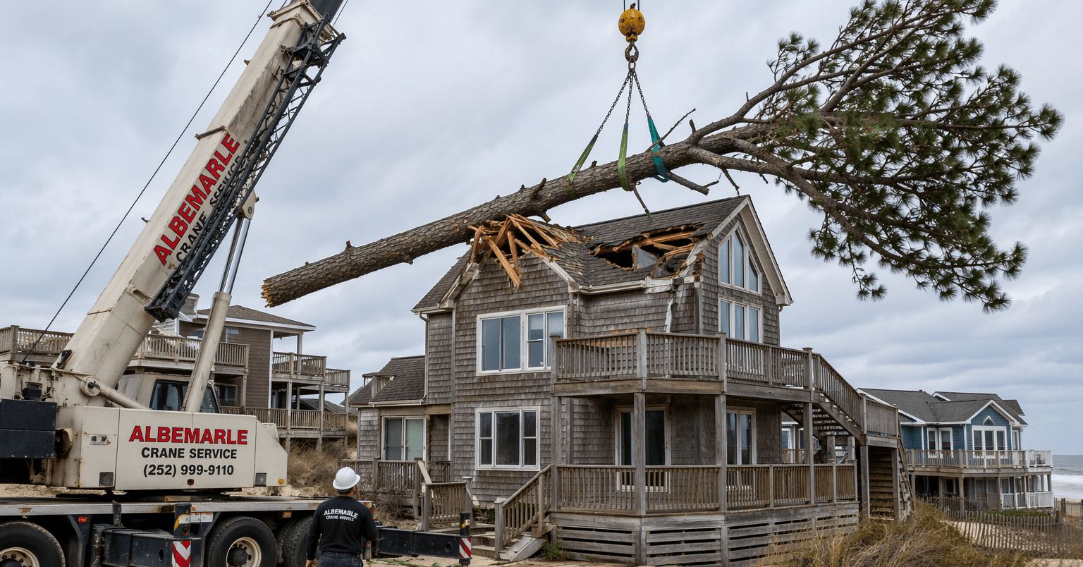 A large crane lifting a fallen pine tree over a beach house.