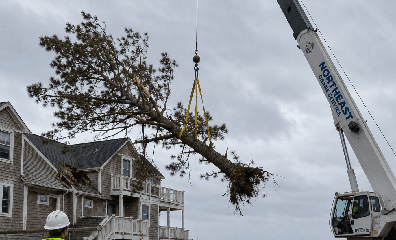 Crane lifting a storm-damaged pine tree away from a coastal Outer Banks home during emergency tree removal
