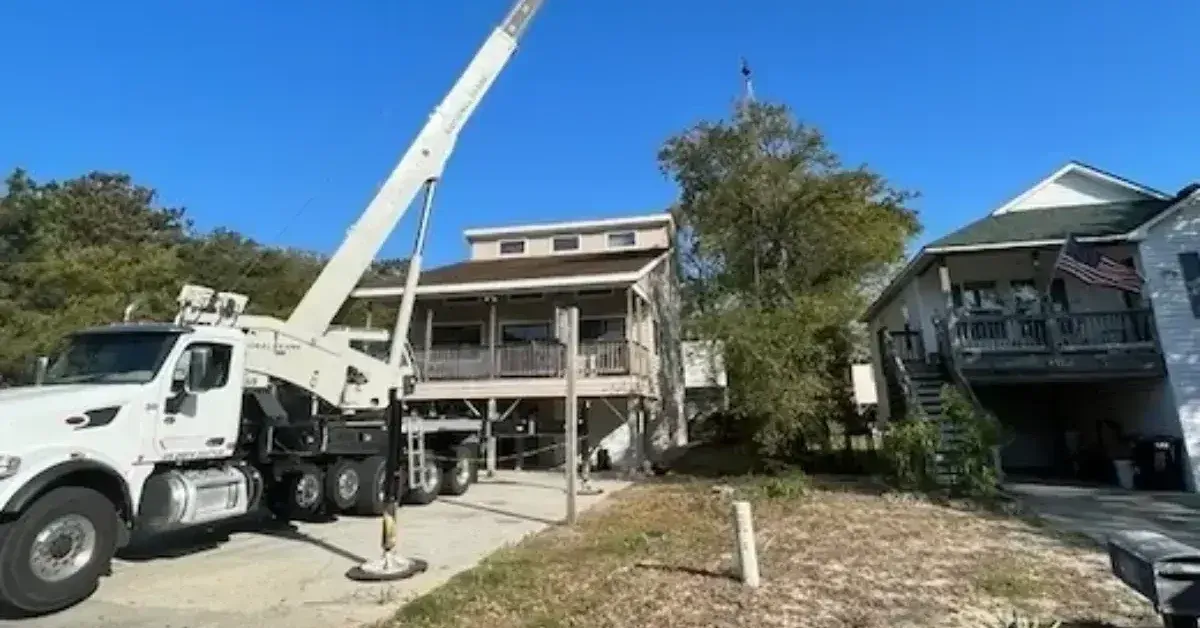 Professional crane lifting tree sections during a removal project in Corolla, NC residential property