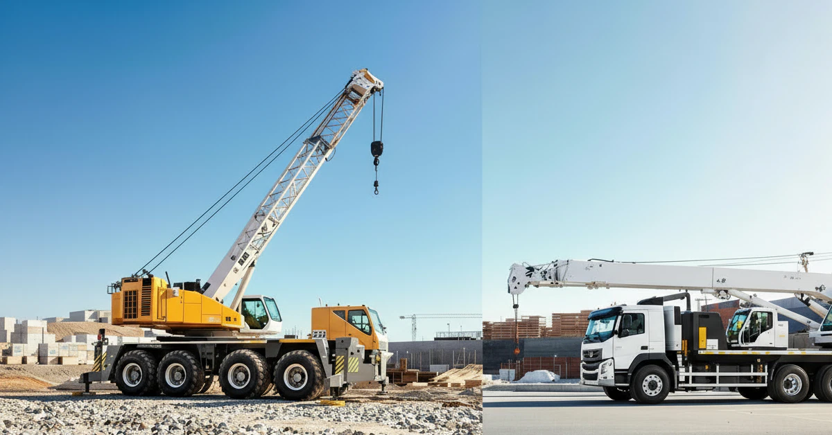 Boom truck and crane side by side at a construction site