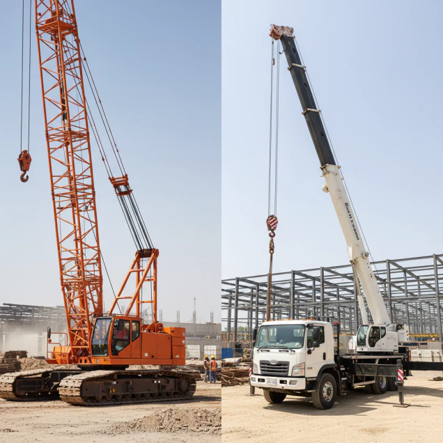 Boom truck and crane side by side at a construction site