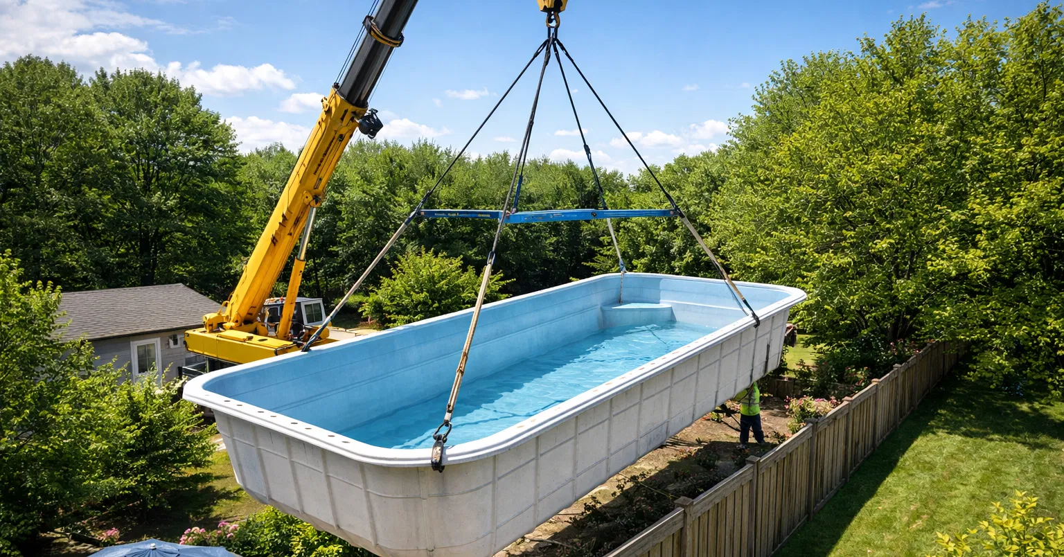 Crane lifting a fiberglass pool shell over a backyard fence during installation.