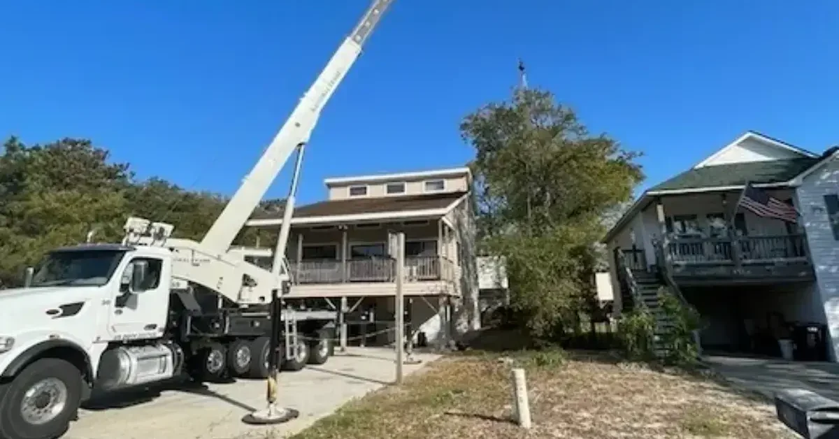 Residential boom truck lifting HVAC equipment at a home in Dare County, NC